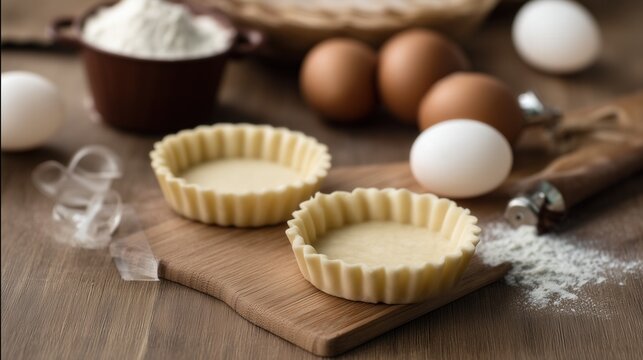 Raw tartlet dough shells on wooden board with baking ingredients. Generative AI