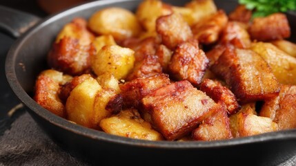 Crispy Fried Pork Belly with Golden Potatoes in Pan. Generative AI
