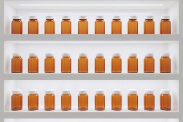 Rows of identical glass jars filled with amber liquid on white illuminated shelves, creating a symmetrical and orderly display