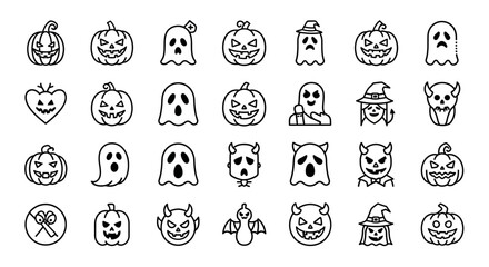 Outlined Halloween icons set featuring spooky pumpkins ghosts and eerie devilish characters