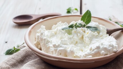 Fresh ricotta cheese in a ceramic bowl isolated on white background. Generative AI