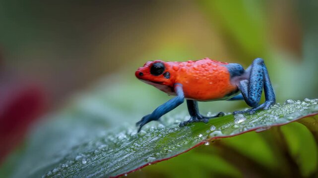 Brightly colored strawberry poison dart frog perched on a leaf in the rainforests of Central America