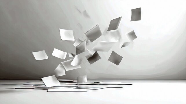 A collection of white papers are scattered and floating in the air, with some resting on a flat surface, against a neutral background.