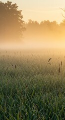 Fototapeta premium Soft, golden light filtering through dense morning mist over a tranquil meadow filled with fresh dew. The beginning of a new day and a new season ,awakening ,ray ,beams