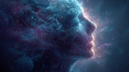 Conscious universe paradox glowing human form dissolving into galaxies symbolic fusion of mind cosmos surreal philosophical cosmology art