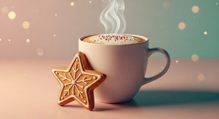 Cozy Steaming Hot Drink with Festive Gingerbread Star Cookie