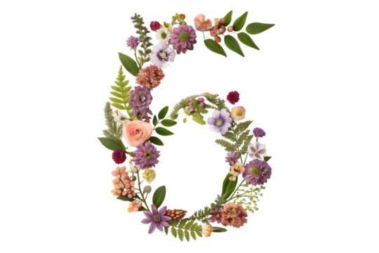 Number 6 made of real natural flowers and leaves beautiful floral artwork