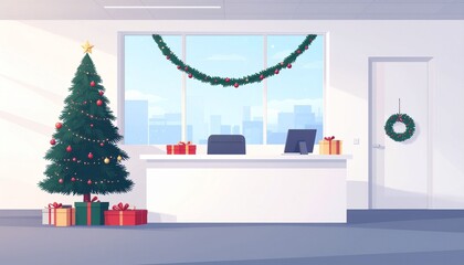 Office reception desk decorated for the Christmas and New Year holidays. Festive workplace with a small tree, gifts, and garland. Corporate celebration concept