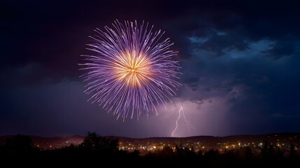 A vibrant purple firework explodes in the night sky with a lightning strike visible behind a silhouetted city