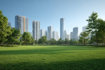 Urban park offering green space surrounded by modern buildings during a sunny day