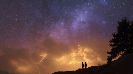 Fototapeta premium Two figures silhouetted on a ridge watch a dramatic lightning storm under a vast starry night sky capturing nature s awesome power and cosmic beauty