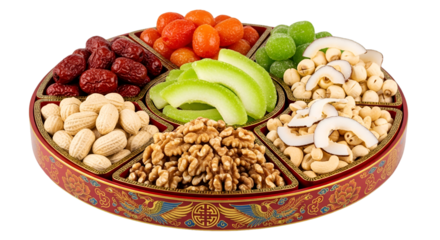 Delectable assorted candied fruits and nuts arranged in a traditional festive tray for Lunar New Year celebrations and gifting occasions