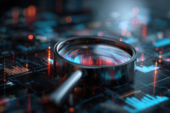 Hightech SEO concept showing a magnifying glass over an illuminated digital interface focused on data analysis, trends, and insights in a modern workspace