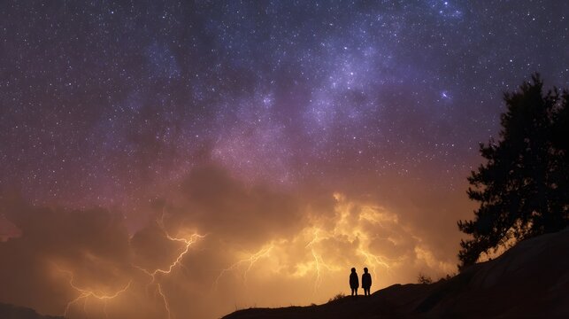 Two figures silhouetted on a ridge watch a dramatic lightning storm under a vast starry night sky capturing nature s awesome power and cosmic beauty
