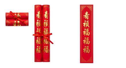 Elegant Chinese New Year decorations with prosperity scrolls and red ribbon evoke joy and festive cheer, perfect for Lunar New Year celebrations