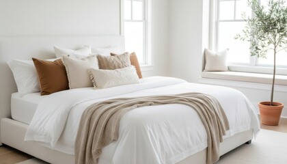 Fototapeta premium Modern Cozy Bedroom with Striped Bedding and Neutral Brown Accent Pillows