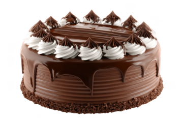 A decadent chocolate cake generously covered with dripping ganache and elegant swirls of white whipped cream