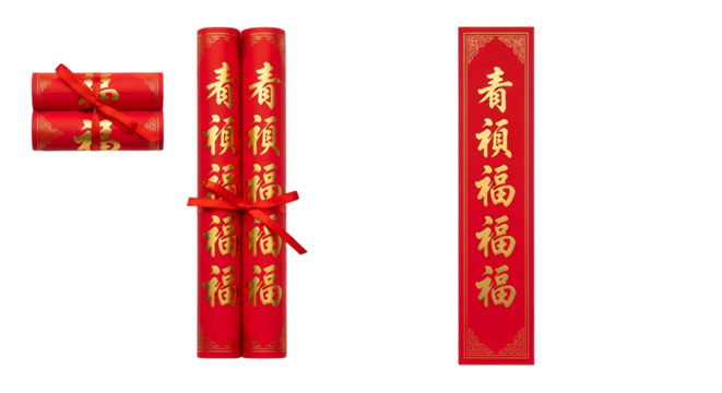 Elegant Chinese New Year decorations with prosperity scrolls and red ribbon evoke joy and festive cheer, perfect for Lunar New Year celebrations