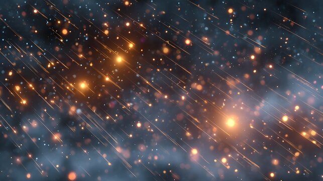 A vibrant meteor shower streaks across a dark hazy night sky with glowing cosmic particles