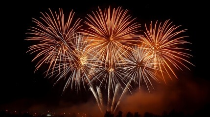 Spectacular fireworks display lighting up the night sky with vibrant bursts and glowing trails © Thares2020