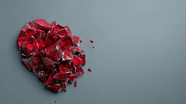 Shattered red heart with broken pieces symbolizing love lost and heartbreak expressed against a simple gray background