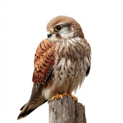 Small Kestrel Bird Perched on Wooden Post With White Background Detailed Feathers and Sharp Eyes