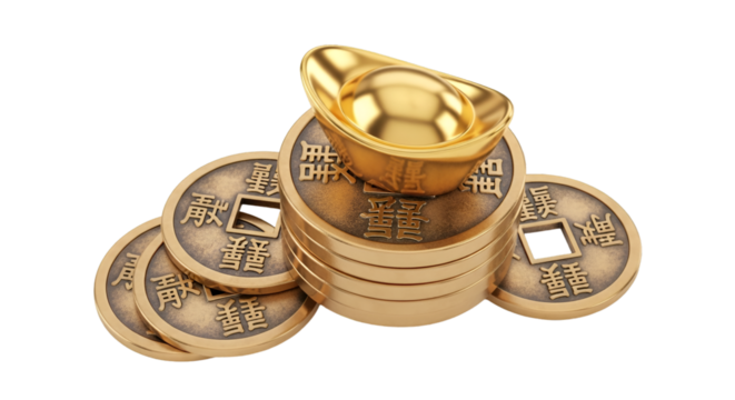 Celebrate wealth with golden Chinese Yuanbao and ancient coins representing fortune and prosperity for Lunar New Year festivities