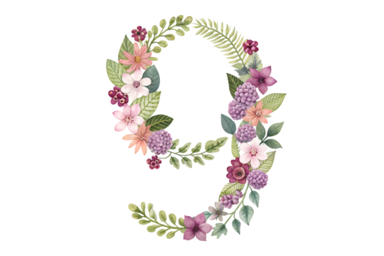 Number 9 made of real natural flowers and leaves beautiful floral artwork design