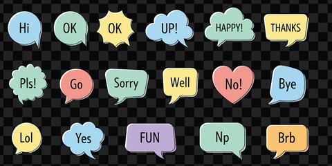 Colorful speech bubbles with text like hi ok up happy thanks sorry bye fun yes and more on black