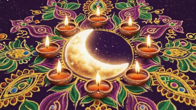 Indian Festival Rangoli Art Lit Diyas And Crescent Moon Design