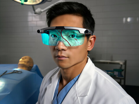 Doctor with augmented reality glasses viewing vascular anatomy in operating room.