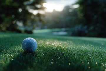 Fototapeta premium Sunlit golf ball resting on vibrant green grass in a serene golf course setting during the golden hour of the day