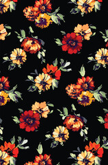 a solid vector textile design, arrangement with a medium dual-tones  aster abstract flowers, all-over seamless pattern with red and yellow tone color illustration, digital image printing factory