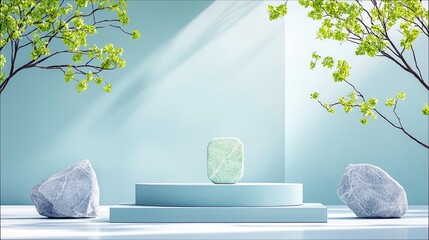 A serene scene featuring a light blue display podium adorned with natural elements like rocks and branches with green leaves, set against a soft blue background