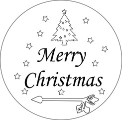 Merry Christmas Circular Seal Vector Outline with Christmas Tree and Decorative Stars
