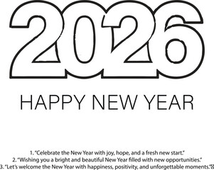 Happy New Year 2026 Minimalist Outline Vector Graphic: Clean Typography and Greeting