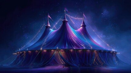 Bright circus tent glowing under starry night concept. A vibrant circus tent illuminated under a starry sky.