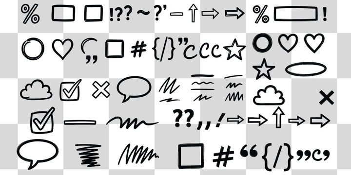 Hand drawn doodle vector set with symbols shapes arrows and punctuation marks on checkered background