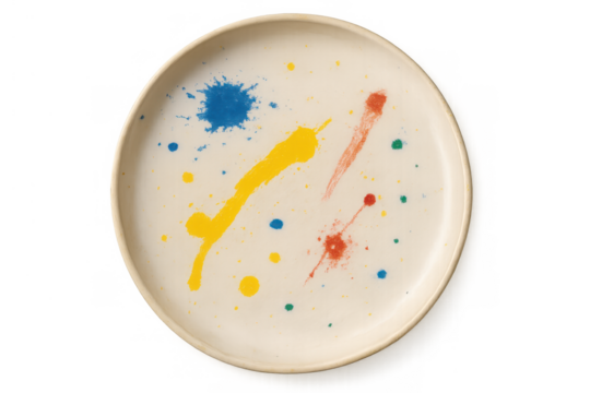 Ceramic plate showing colorful paint splatters, an abstract modern art design, creativity and individuality concept
