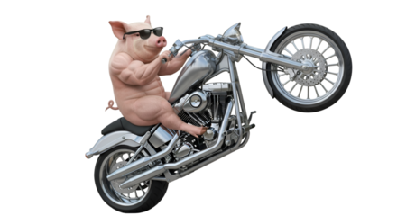 Hilarious pig biker dude rides motorbike on one wheel, a funny cartoon character, perfect for jokes, memes, or humorous illustrations, fun design