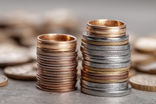 Focusing on saving money while planning a sustainable wedding in a modern setting with elegant wedding bands and coins representing budgeting