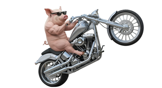 Hilarious pig biker dude rides motorbike on one wheel, a funny cartoon character, perfect for jokes, memes, or humorous illustrations, fun design