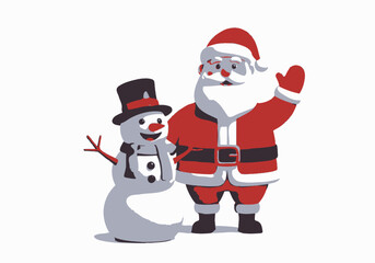 Cheerful Cartoon Santa Claus and Snowman Posing Together Smiling and Waving.