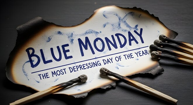 Blue monday concept on burnt paper with extinguished matches, symbolizing sadness and burnout