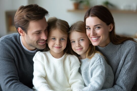 Young family enjoying quality time together at home with smiles and warmth in a cozy living room environment during a bright day