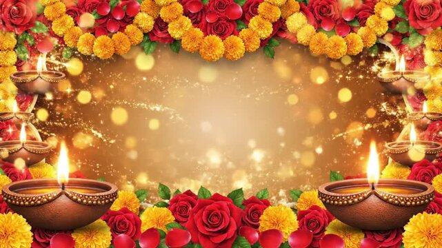 Indian Festival Diya Lamp Frame Roses Marigold Background Loop