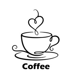 A cup of hot coffee with rising steam in a simple black and white style, a minimalist and cozy illustration of the drink. Hot coffee, coffee cup, steamed drink, morning drink, cafe art