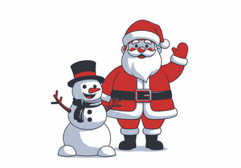 Cheerful cartoon Santa Claus waving hello next to a smiling snowman with a top hat.