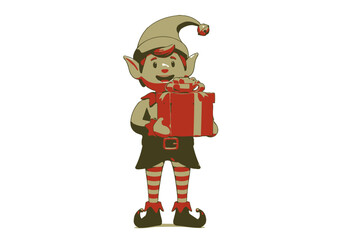 Cheerful Christmas Elf Holding a Wrapped Gift Box.