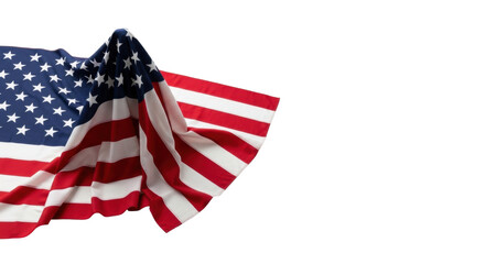 United states flag, authentic fabric with crisp stars and vibrant stripes, meticulously draped on a transparent surface in a minimalist studio, leaving copy space, concept of national pride.